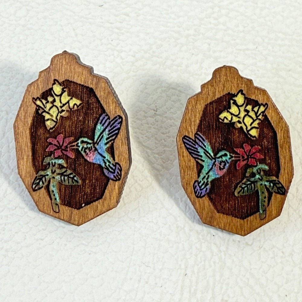 Wood Hummingbird Earrings‎ Hand Painted Carved Butterfly Floral Nature